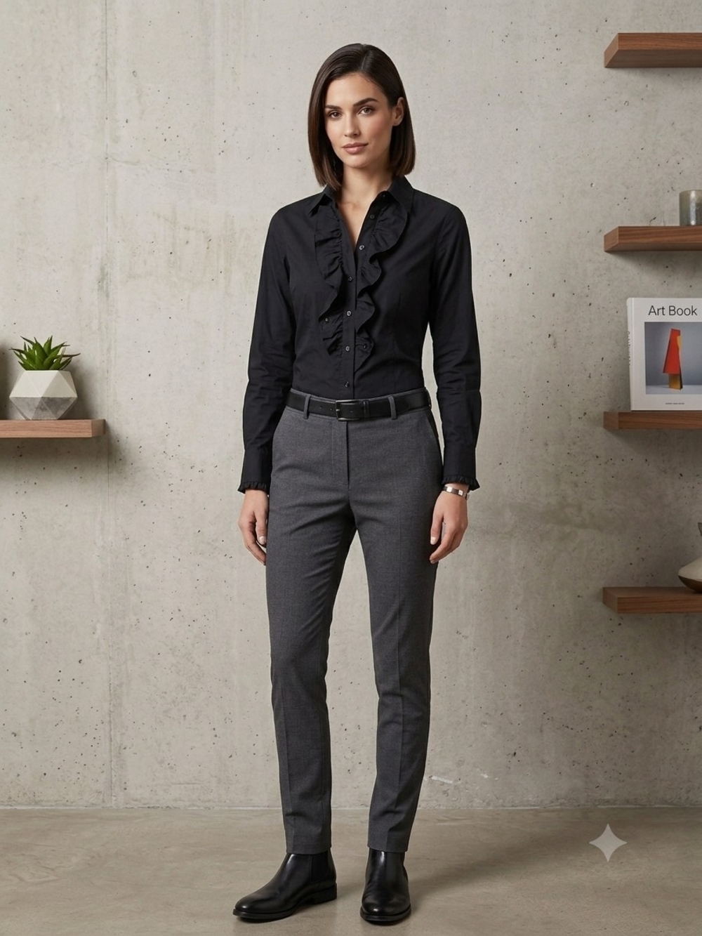 Tailored Ruffle-Front Shirt - Black
